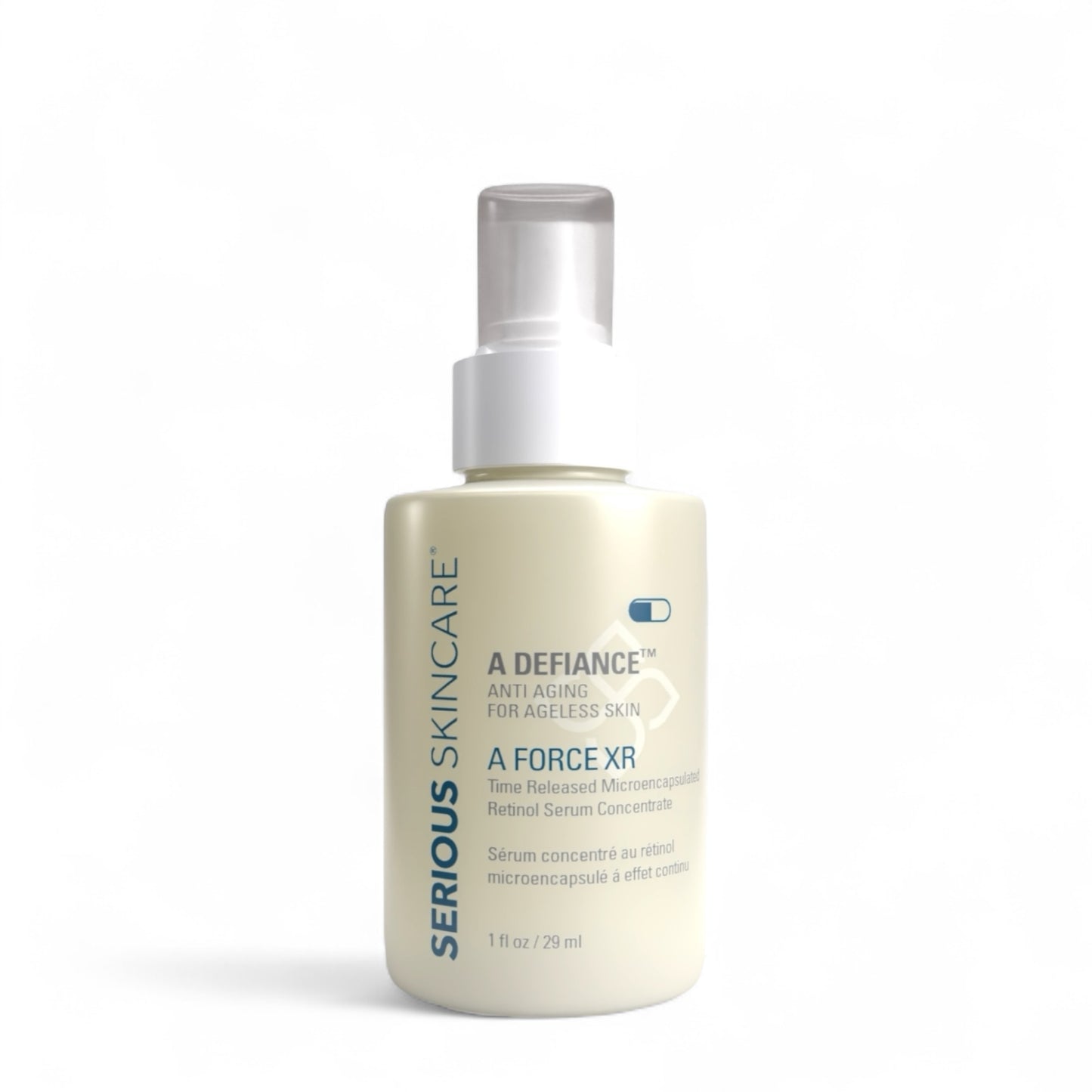 A bottle of A Defiance A Force XR serum with a pump dispenser, labeled as Serious Skincare product. Retinol.