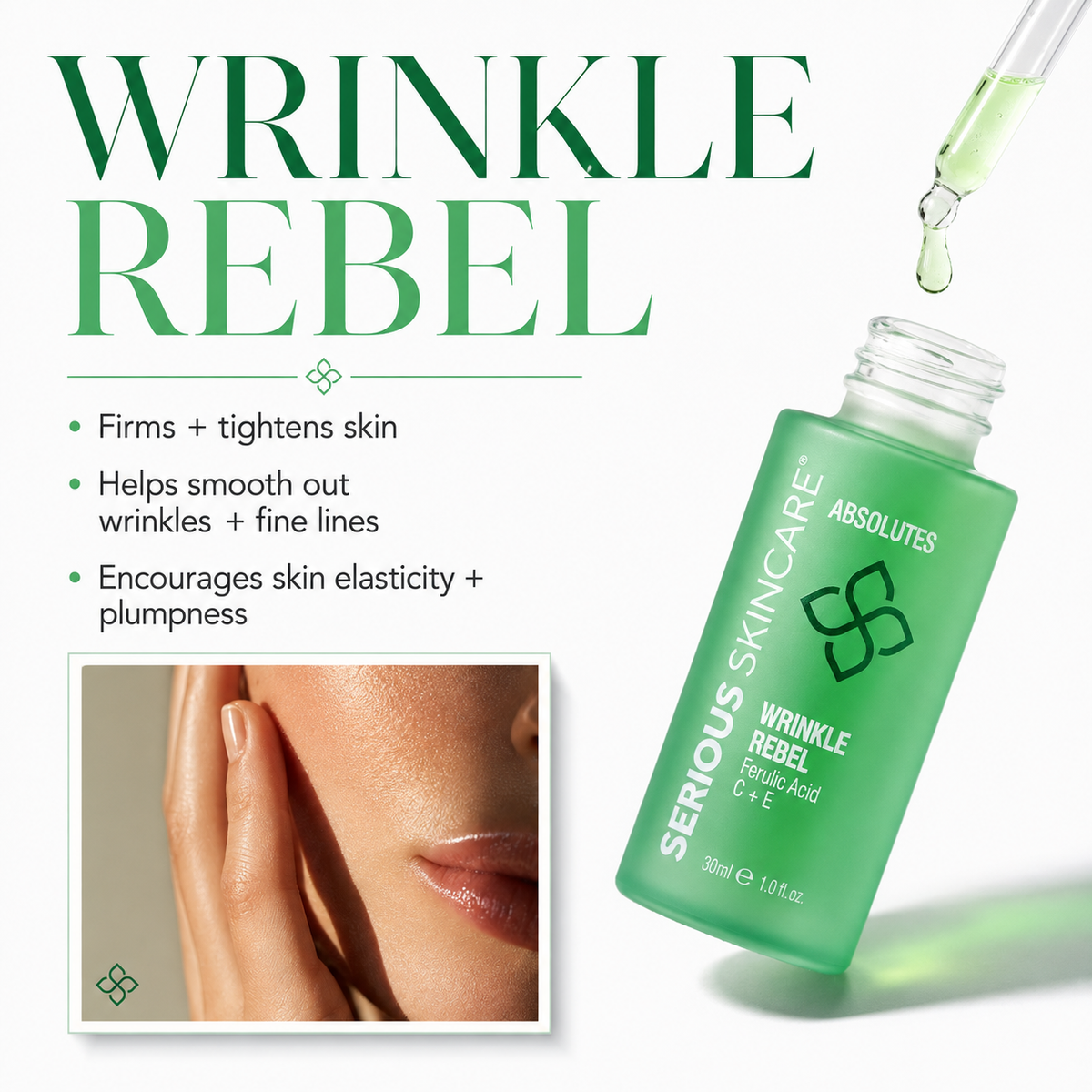 Serious Skincare's Absolutes Serums. Wrinkle Rebel with Ferulic Acid, Vitamin C and E