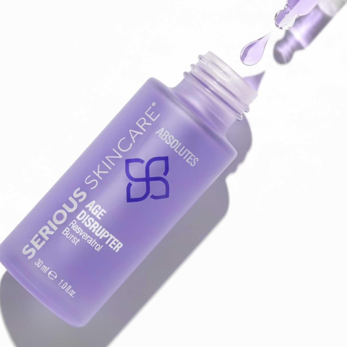 Purple skincare serum bottle with dropper on a white background