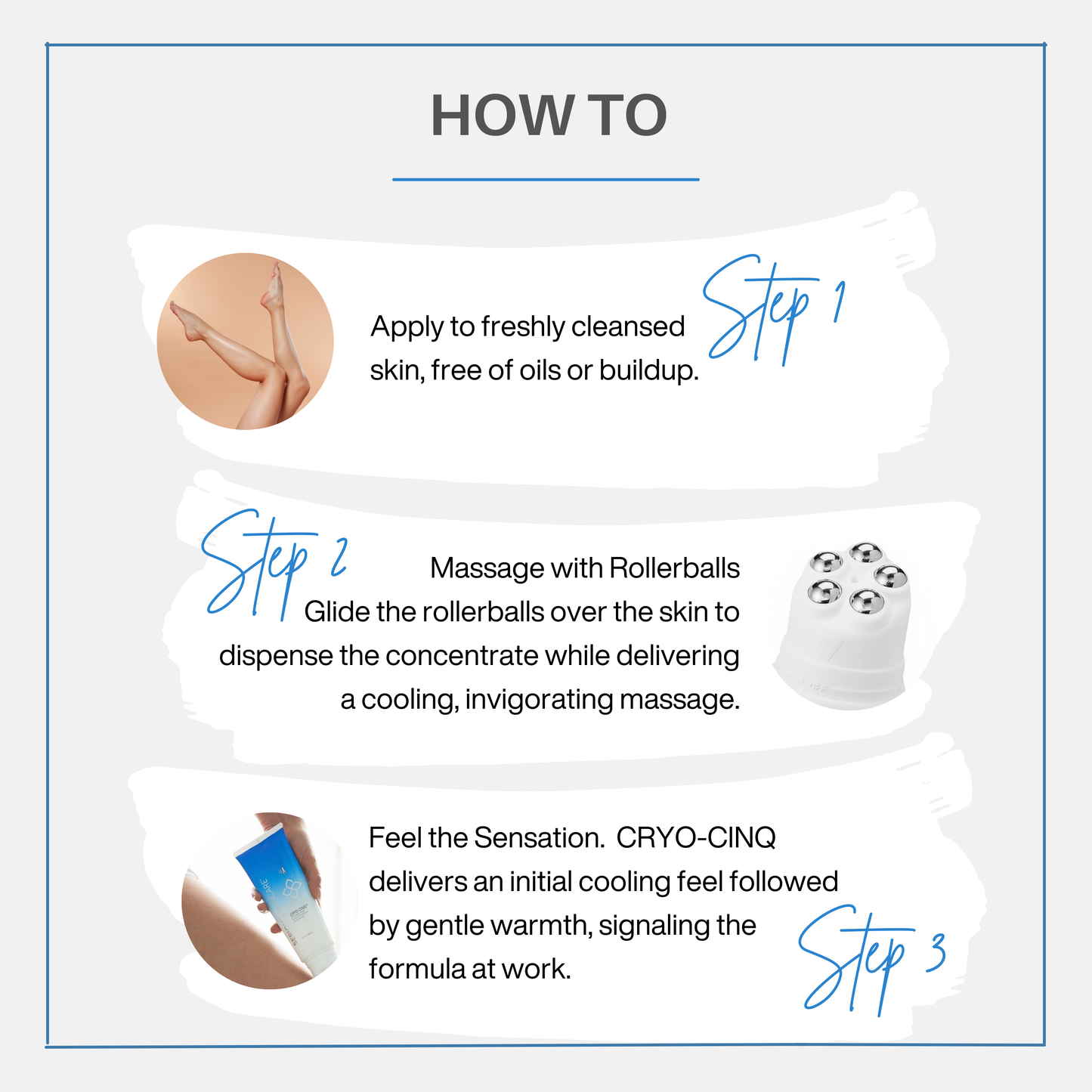 Hand holding a skincare device with text on its benefits against a white background. Cryo Cinq Sculpting Body Beauty Treatment Concentrate. Serious Skincare. Cool Sculpting.