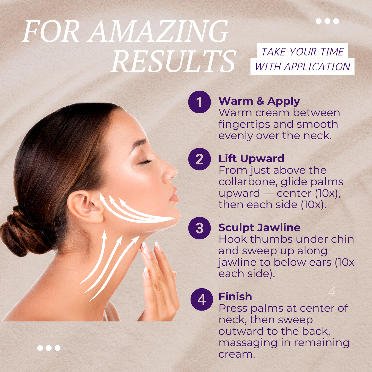 Cosmetic application guide with a woman's face and text instructions on a beige background. Correc-Chin Intense by Serious Skincare. Firming Cream for the Chin, Neck and Jawline.