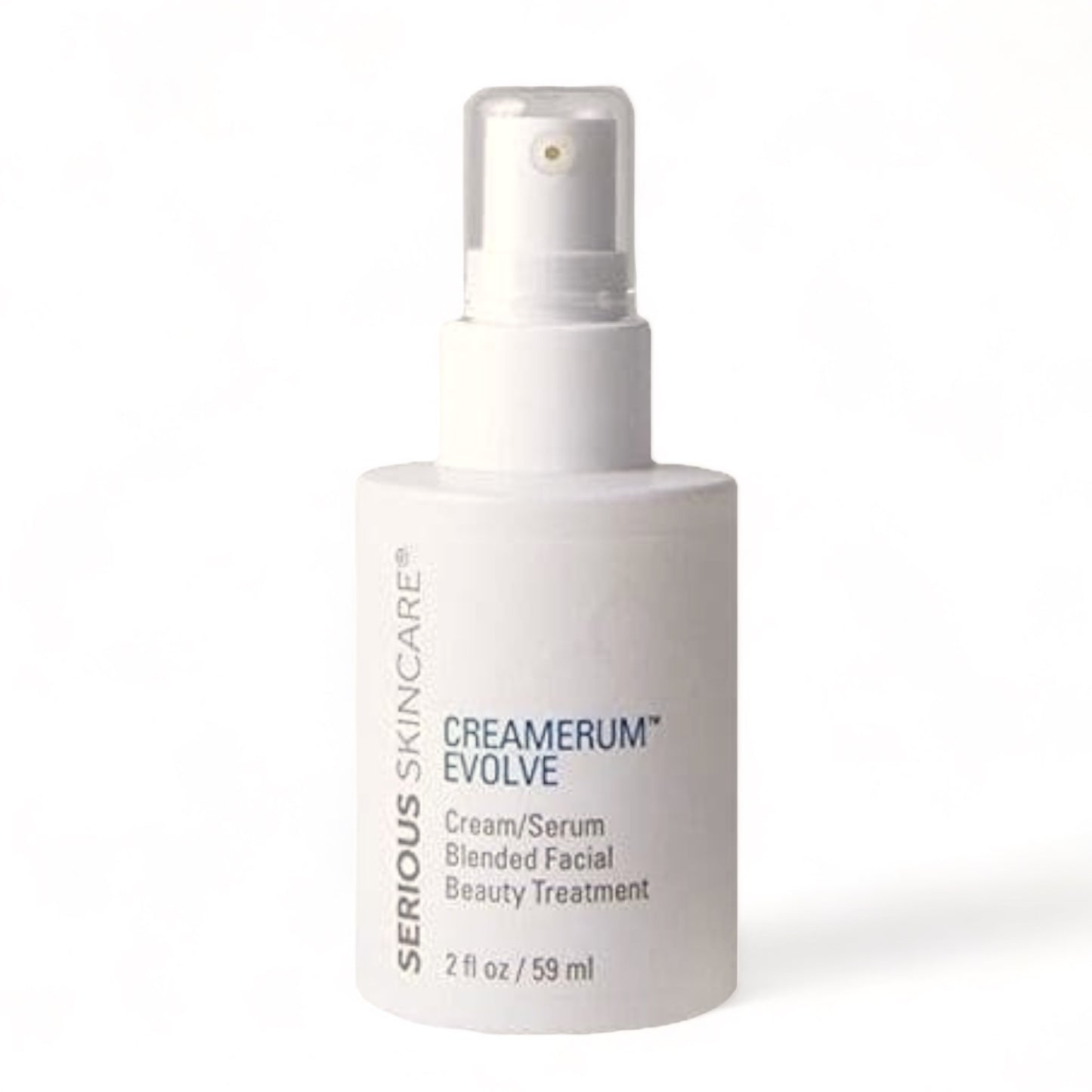 A white bottle with a pump dispenser labeled Creamerum Evolve, indicating it is a facial treatment product.