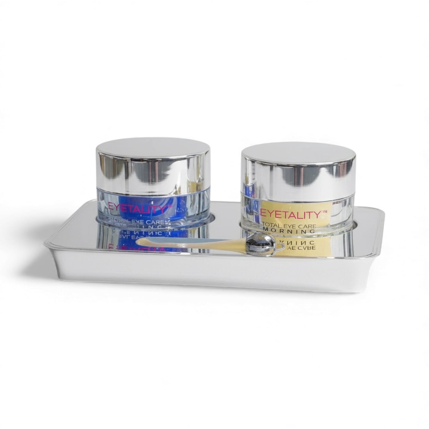 Serious Skincare Eyetality AM and PM Eye Care Duo with de-puffing applicator wand and eyelash-enhancing peptides to brighten, smooth and rejuvenate the eye area.