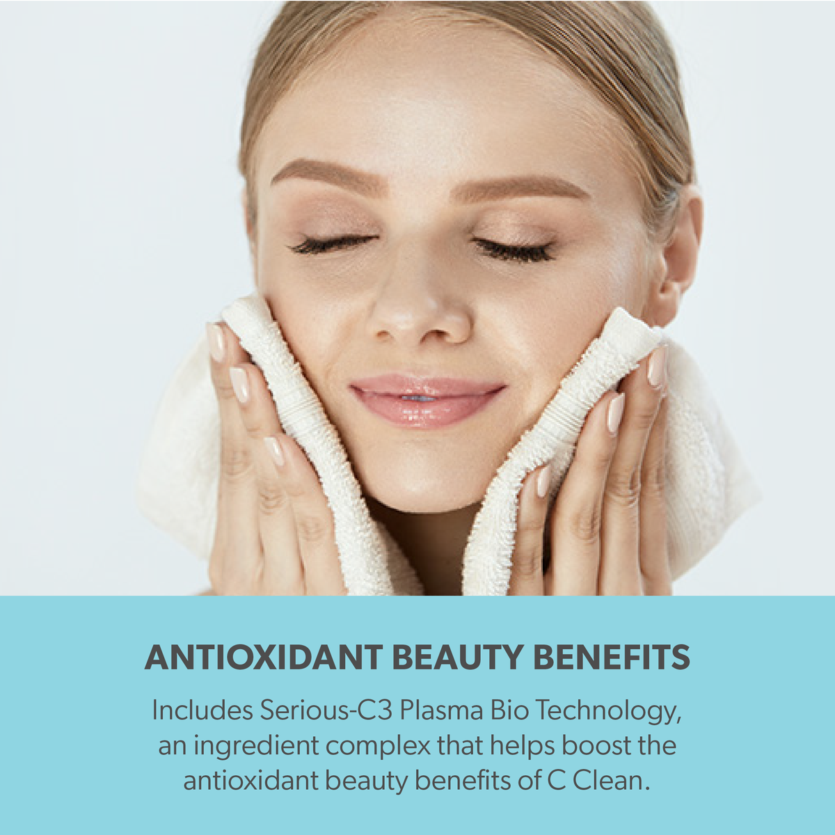 Female model enjoying the benefits of serious c3 plasma ingredients for face. Serious Skincare C Clean Vitamin C facial cleanser gently removes makeup and impurities while leaving skin soft, hydrated, and radiant.