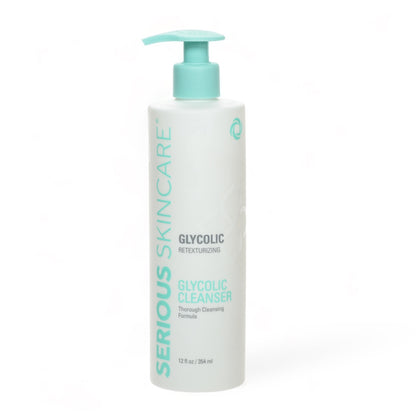 A tube of Glycolic Retexturizing Cleanser by Serious Skincare with teal accents on the packaging.