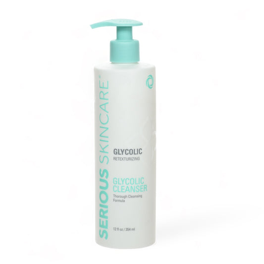 A tube of Glycolic Retexturizing Cleanser by Serious Skincare with teal accents on the packaging.