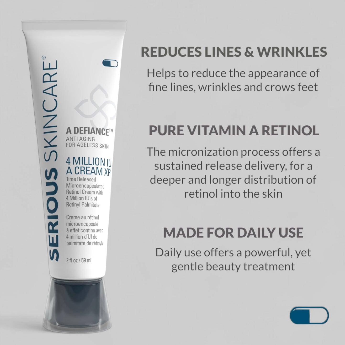 Skincare cream tube with text on a gray background.  A tube of A Defiance 4 million iu cream. Serious Skincare. Retinol.