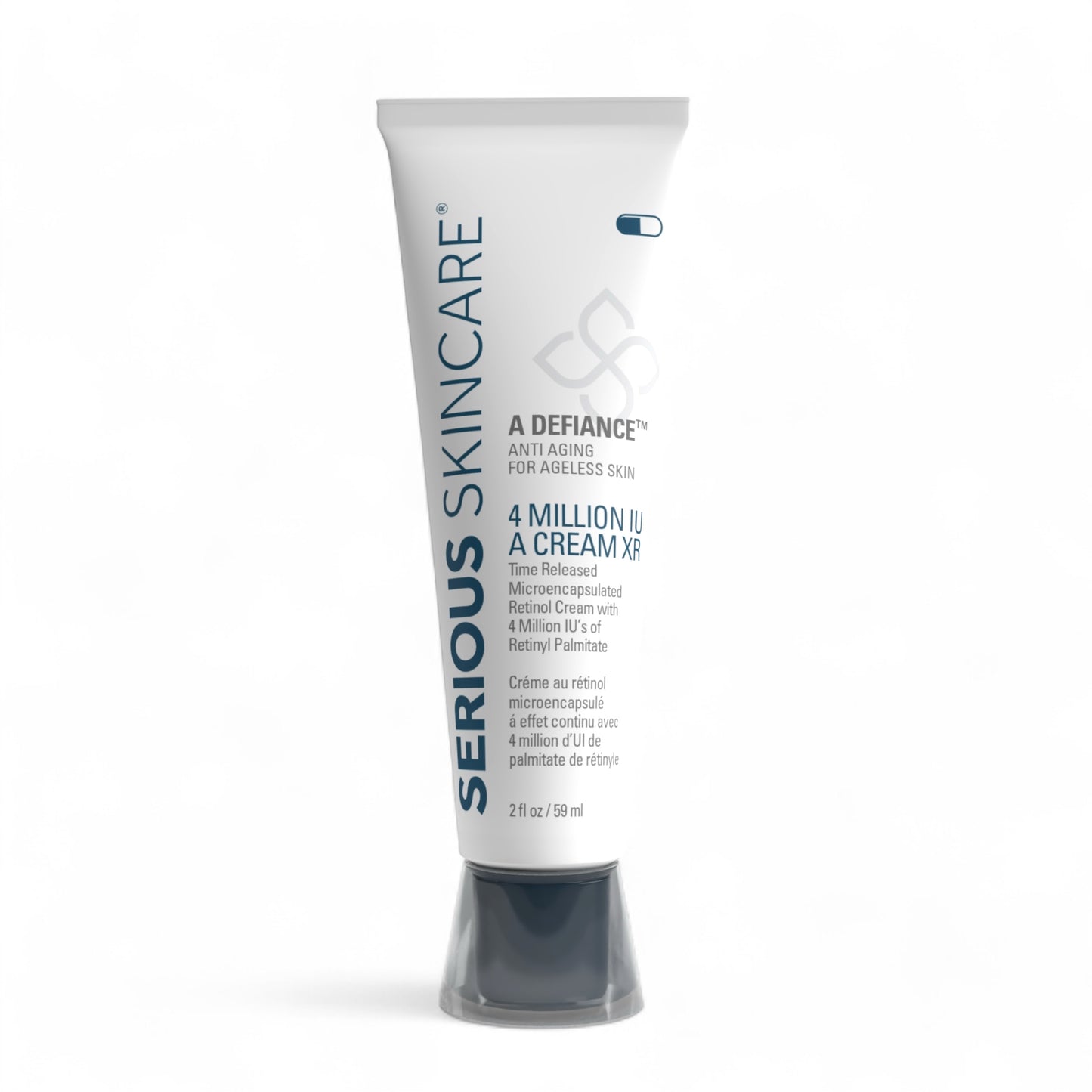 A tube of 'A Defiance 4 Million IU A Cream' by Serious Skincare, designed for skin care and anti-aging. Retinol.
