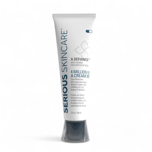 A tube of 'A Defiance 4 Million IU A Cream' by Serious Skincare, designed for skin care and anti-aging. Retinol.
