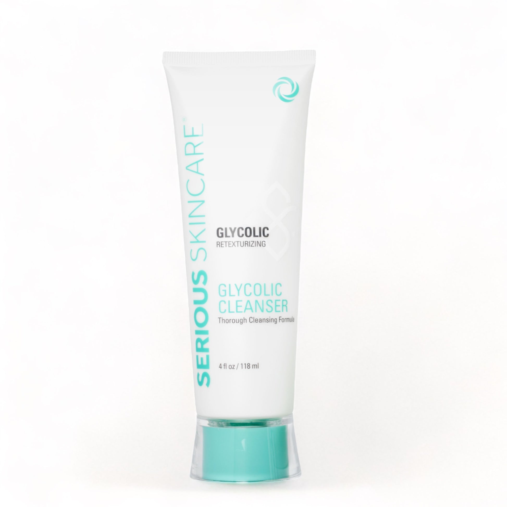 A tube of Glycolic Retexturizing Cleanser by Serious Skincare with teal accents on the packaging.