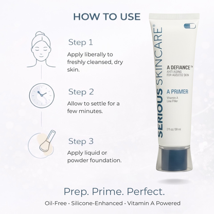 Serious Skincare product with usage instructions on a white background.  Prep.  Prime.  Perfect.  