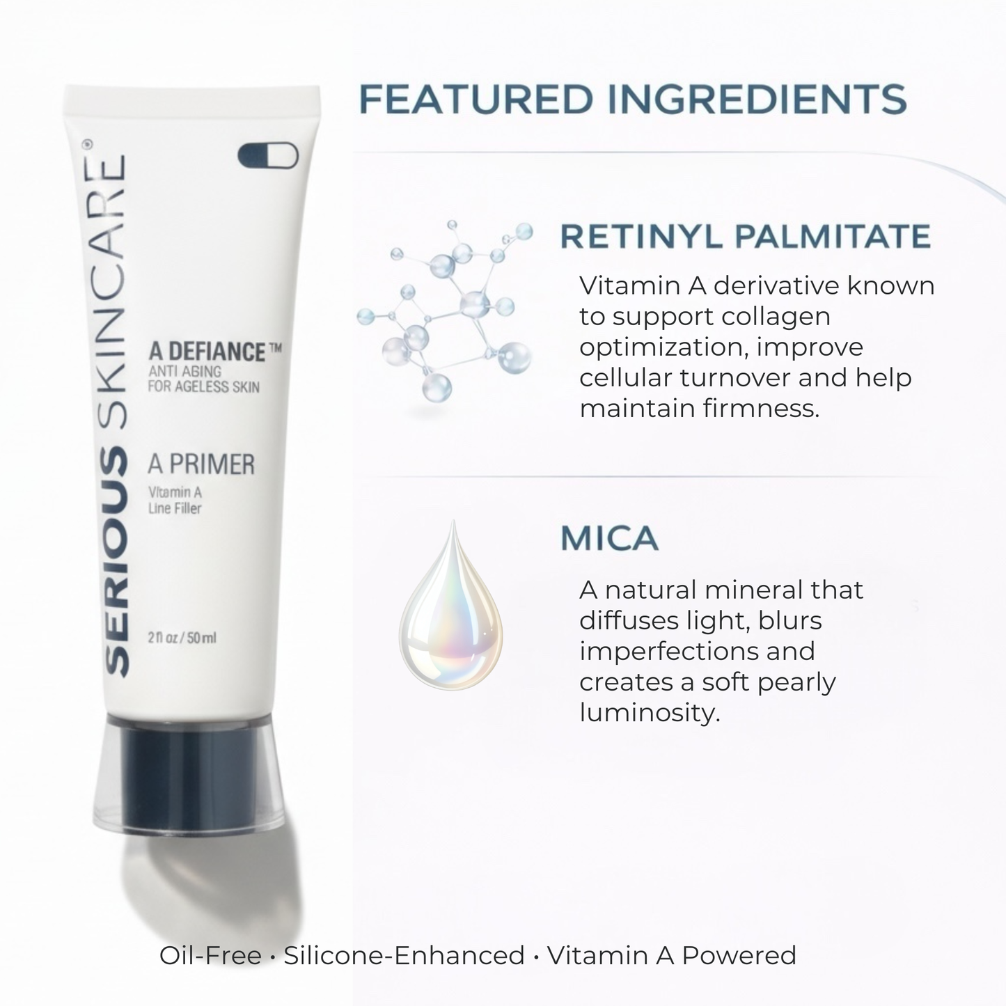 Serious Skincare A Primer with listed ingredients on a white background.  Retinyl Palmitate and Mica.  Serious Skincare tube with product features on a beige background.  Helps smooth visible wrinkles, visibly fills enlarged pores, blurs surface imperfections.  Makeup glides on evenly - liquid or powder.  Oil Free. Silicone Enhanced.  Vitamin A Powered.  