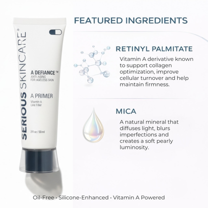 Serious Skincare A Primer with listed ingredients on a white background.  Retinyl Palmitate and Mica.  Serious Skincare tube with product features on a beige background.  Helps smooth visible wrinkles, visibly fills enlarged pores, blurs surface imperfections.  Makeup glides on evenly - liquid or powder.  Oil Free. Silicone Enhanced.  Vitamin A Powered.  