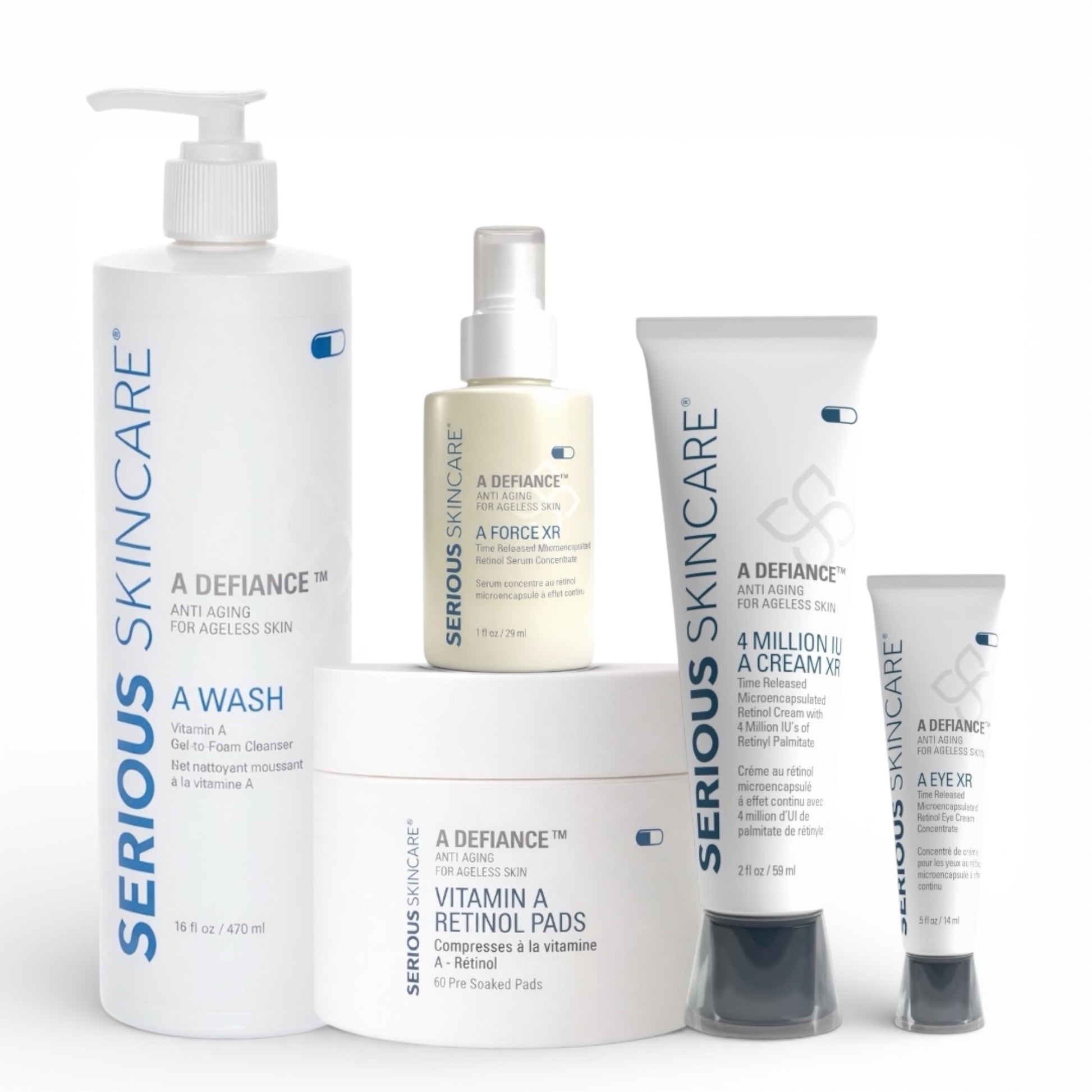 Collection of Serious Skincare A Defiance products on a white background