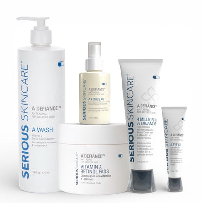 Collection of Serious Skincare A Defiance products on a white background