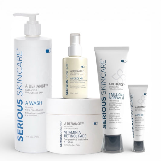 Collection of Serious Skincare A Defiance products on a white background