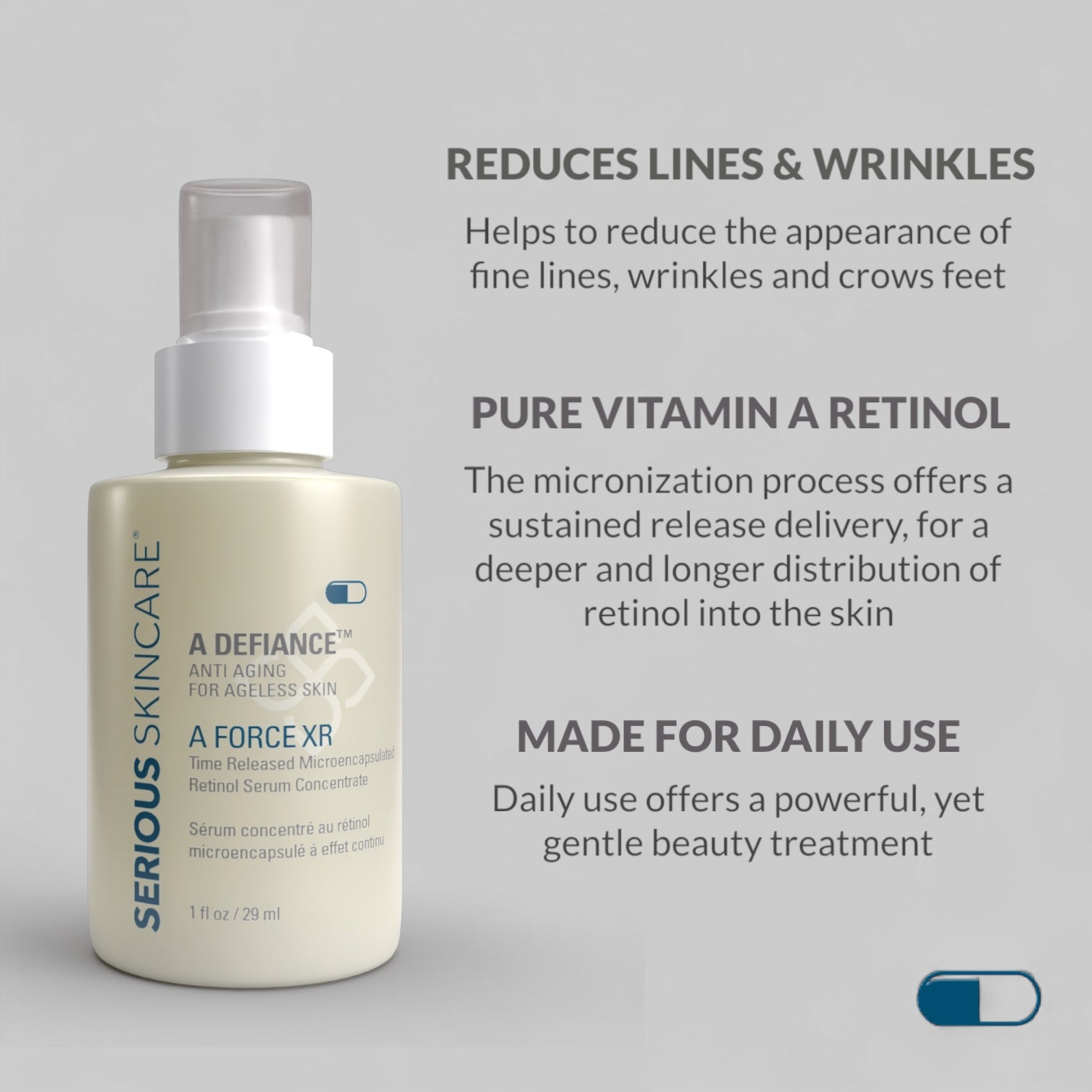 Serious Skincare serum bottle with text about its benefits on a gray background.  Reduces Lines & Wrinkles.  Pure Vitamin A Retinol.  A Force XR.  Product named by Sylvester Stallone.  