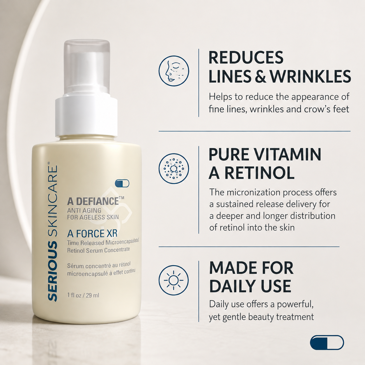 Serious Skincare A Defiance Retinol Trio—a complete cleanse, treat + hydrate regimen designed to help reset the look of aging, sun-stressed skin.