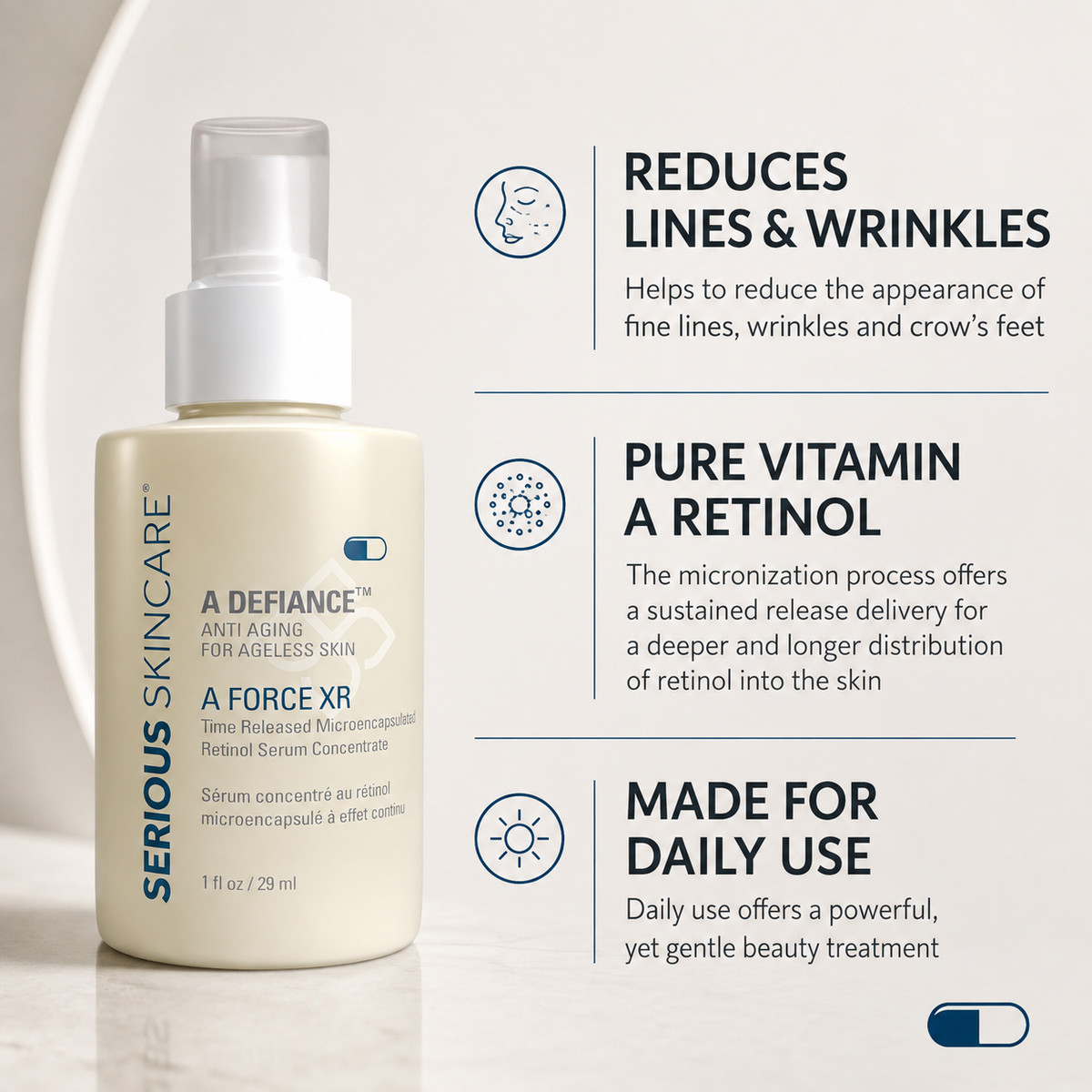 Serious Skincare A Defiance Retinol Trio—a complete cleanse, treat + hydrate regimen designed to help reset the look of aging, sun-stressed skin.