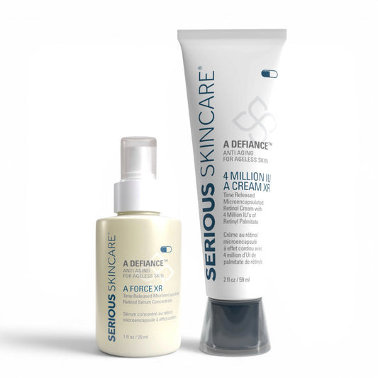 Serious Skincare A FORCE Retinol Serum and 4 Million IU Retinol Cream help visibly smooth wrinkles, improve skin texture, and reveal firmer, younger-looking skin.