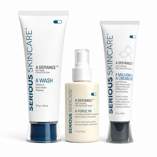 Serious Skincare A Defiance Retinol Trio—a complete cleanse, treat + hydrate regimen designed to help reset the look of aging, sun-stressed skin.