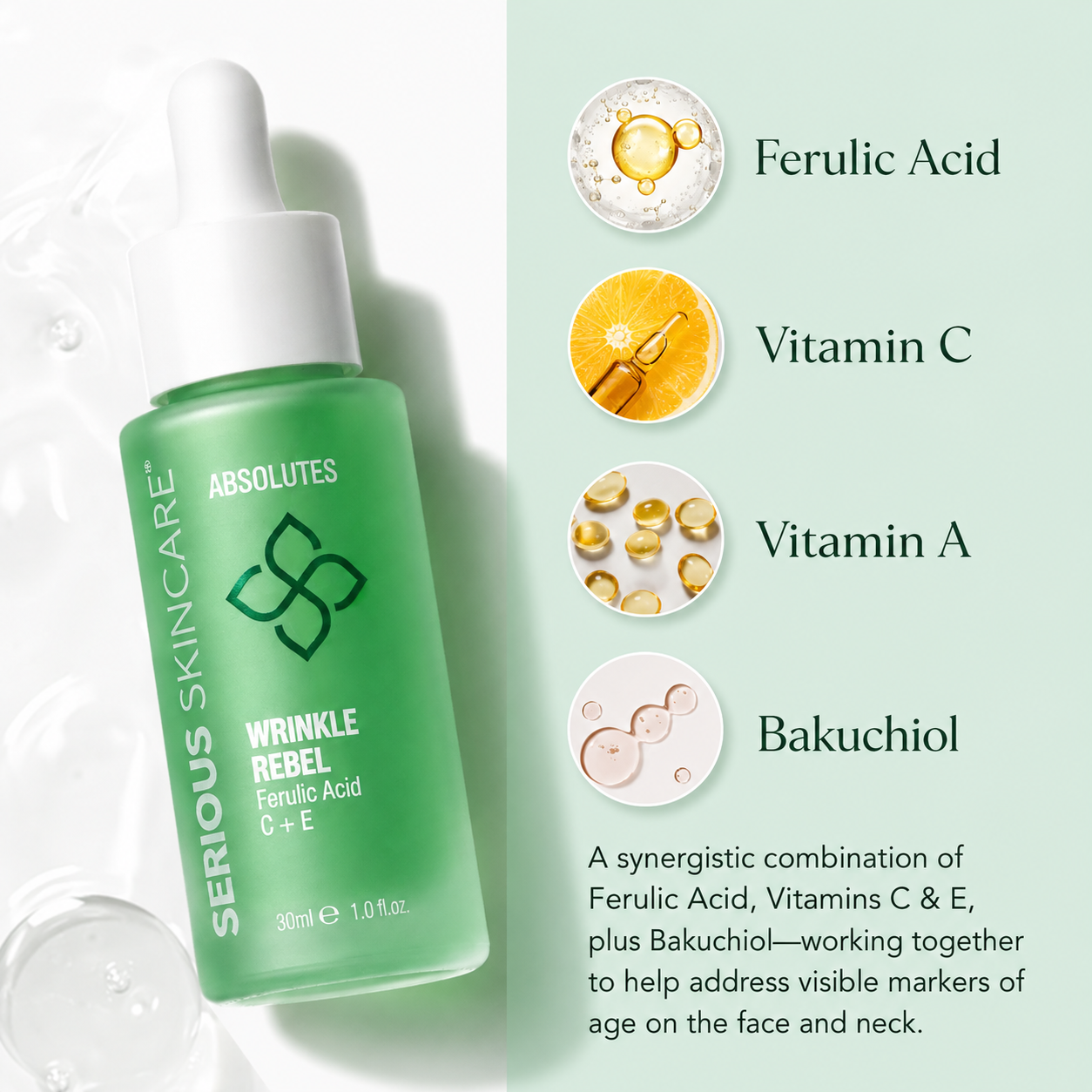 Serious Skincare's Absolutes Serums.  Wrinkle Rebel with Ferulic Acid, Vitamin C and E