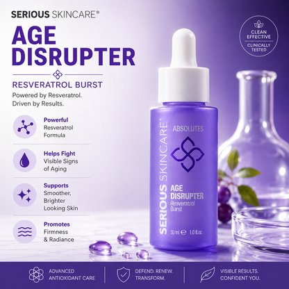 Serious Skincare Age Disrupter Resveratrol Burst serum bottle in a purple gradient bottle with a white dropper cap, set against a matching purple background with glass bottles and purple grapes.  Serious Skincare Absolute Age Disrupter anti-aging skincare treatment for youthful-looking skin
