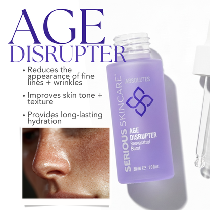Serious Skincare Age Disrupter bottle with dropper on a white background with benefits
