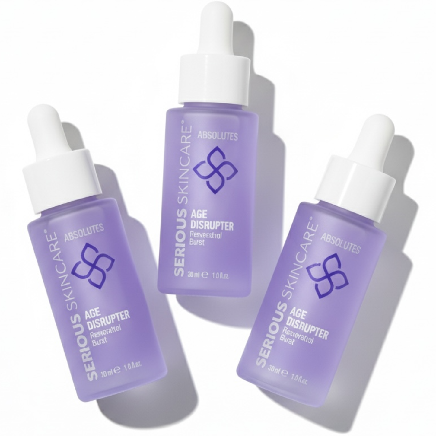 Three bottles of Serious Skincare Absolutes on a white background