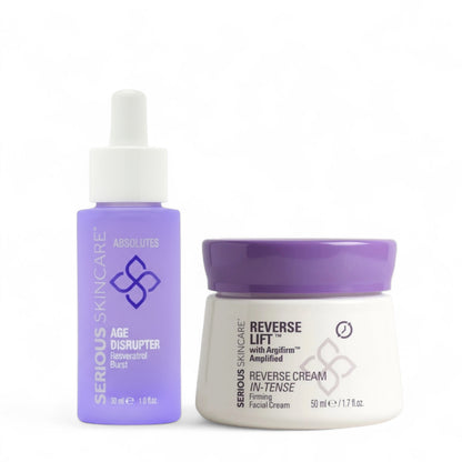 Serious Skincare Age Disrupter Serum and ARGIFIRM Amplified Firming Cream help brighten, firm, lift, and smooth the appearance of aging skin.
