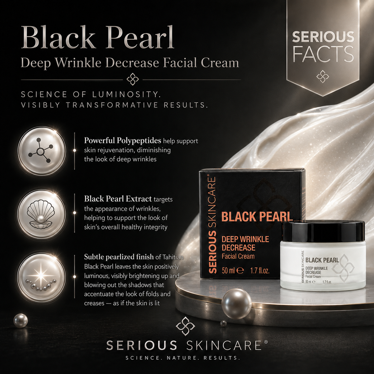 Serious Skincare Black Pearl Deep Wrinkle Facial Cream for smoother, hydrated, luminous-looking skin