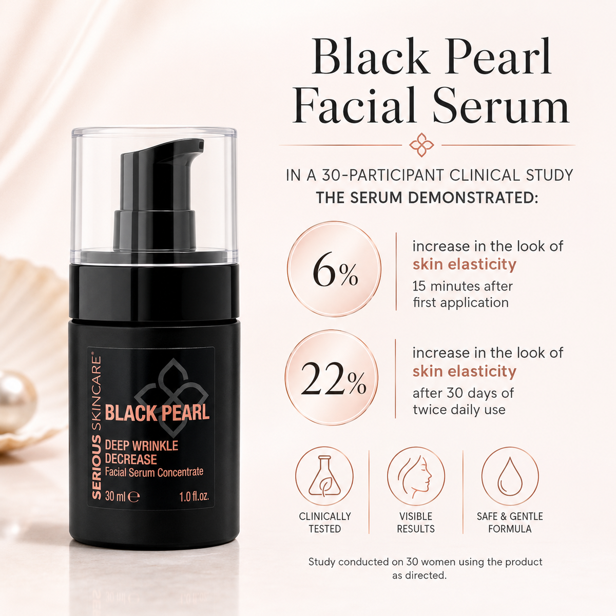 Black Pearl Deep Wrinkle Facial Serum with Tahitian Black Pearl and caviar extract for hydrated, smoother-looking mature skin and visible wrinkle care.
