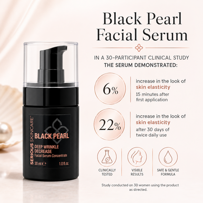 Black Pearl Deep Wrinkle Facial Serum with Tahitian Black Pearl and caviar extract for hydrated, smoother-looking mature skin and visible wrinkle care.