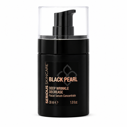 Black Pearl Deep Wrinkle Facial Serum with Tahitian Black Pearl and caviar extract for hydrated, smoother-looking mature skin and visible wrinkle care.