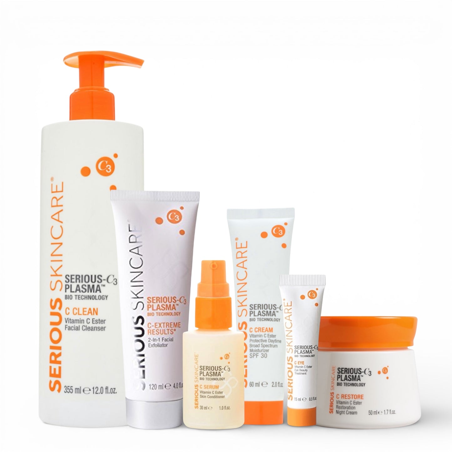 Collection of Luminous Serious Skincare C3 Plasma products on a white background