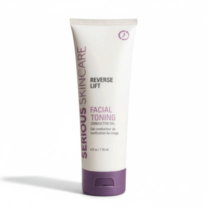 A 4 fl oz squeeze tube of Serious Skincare Reverse Lift Facial Toning Conductive Gel, featuring a white tube with purple and black text and a purple cap, set against a plain white background.