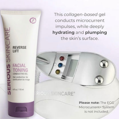 Serious Skincare Reverse Lift Facial Toning gel tube shown next to a silver microcurrent facial device on a pale lavender background, with descriptive text about the collagen-based gel and a note that the EGG microcurrent system is not included.