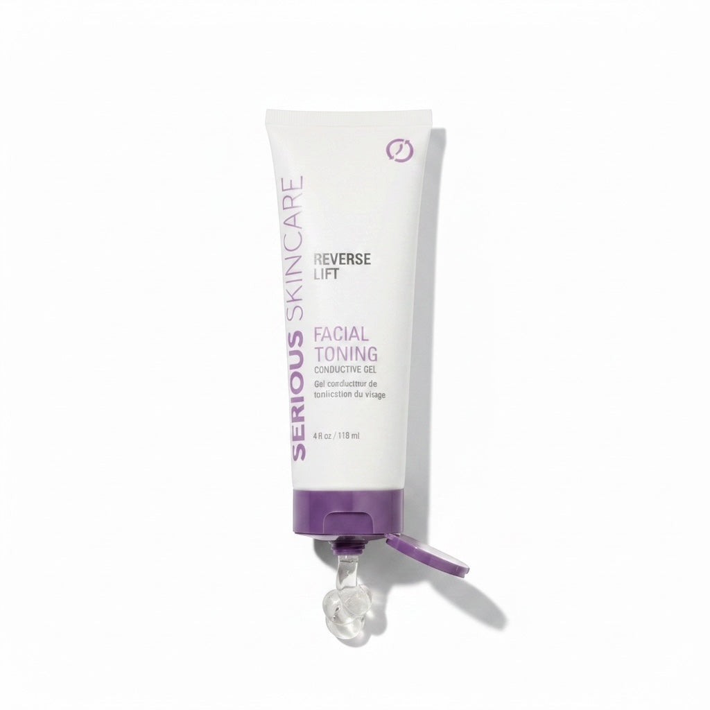Serious Skincare Reverse Lift Facial Toning Constructive Gel in a white squeeze tube with purple accents and a clear gel bubble at the tip, shown on a white background.
