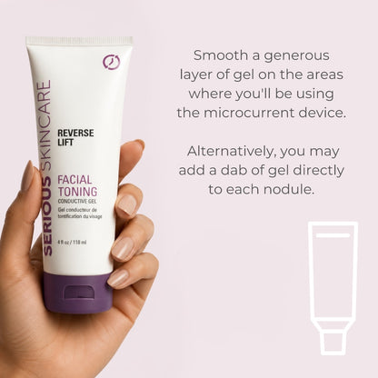 A hand holds a tube of Serious Skincare Reverse Lift Facial Toning Conductive Gel against a pale pink background with instructional text and a simple outline of the tube.