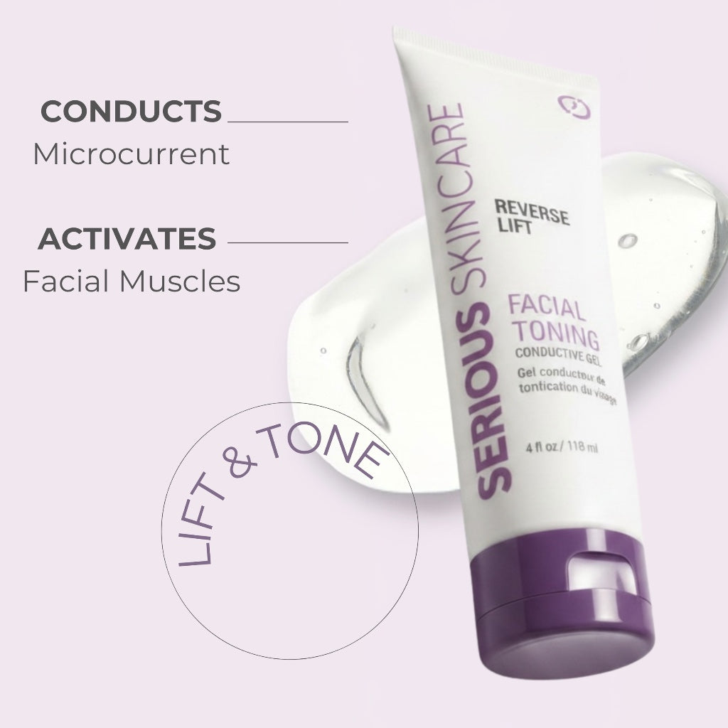Serious Skincare Reverse Lift Facial Toning Gel in a white squeeze tube with a purple cap, shown on a pale lavender background with product text and a gel smear.