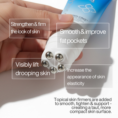 Hand holding a skincare device with text on its benefits against a white background.  Cryo Cinq Sculpting Body Beauty Treatment Concentrate.  Serious Skincare.  Cool Sculpting.  