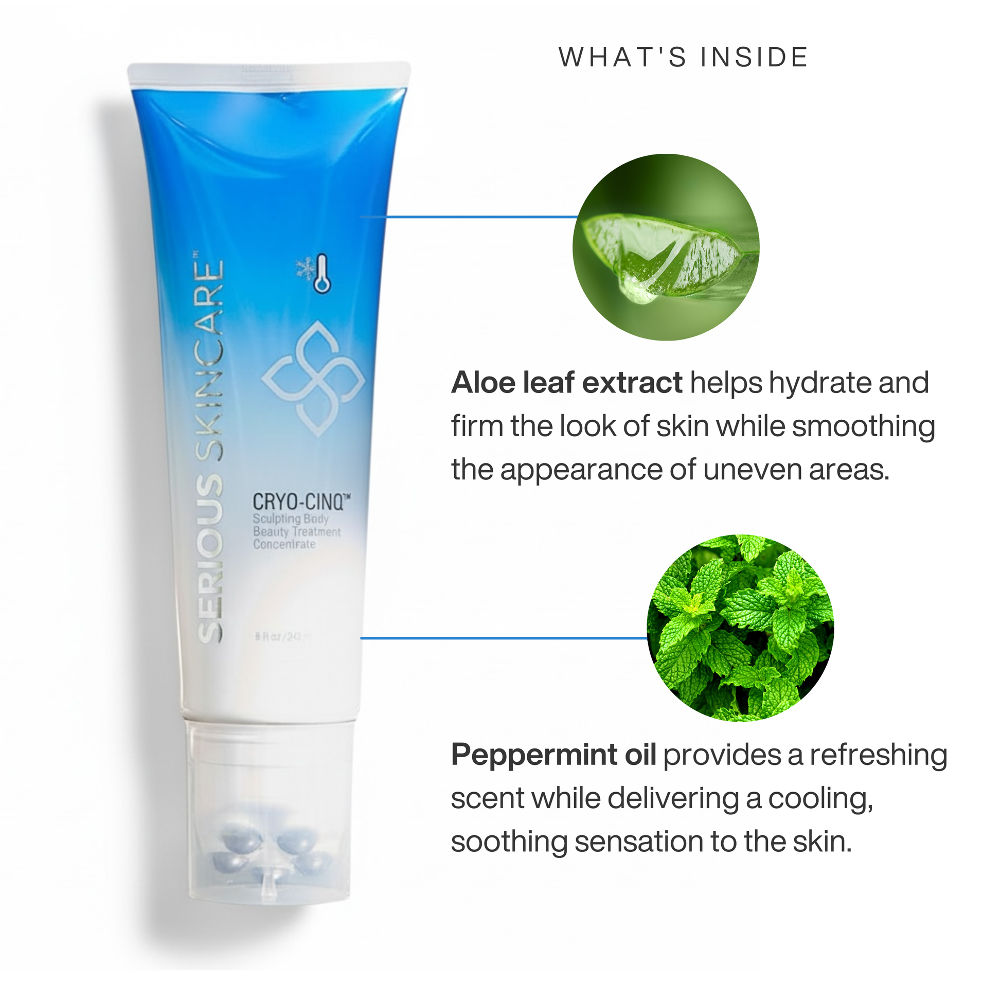 Hand holding a skincare device with text on its benefits against a white background.  Cryo Cinq Sculpting Body Beauty Treatment Concentrate.  Serious Skincare.  Cool Sculpting.  