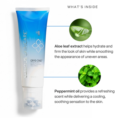 Hand holding a skincare device with text on its benefits against a white background.  Cryo Cinq Sculpting Body Beauty Treatment Concentrate.  Serious Skincare.  Cool Sculpting.  
