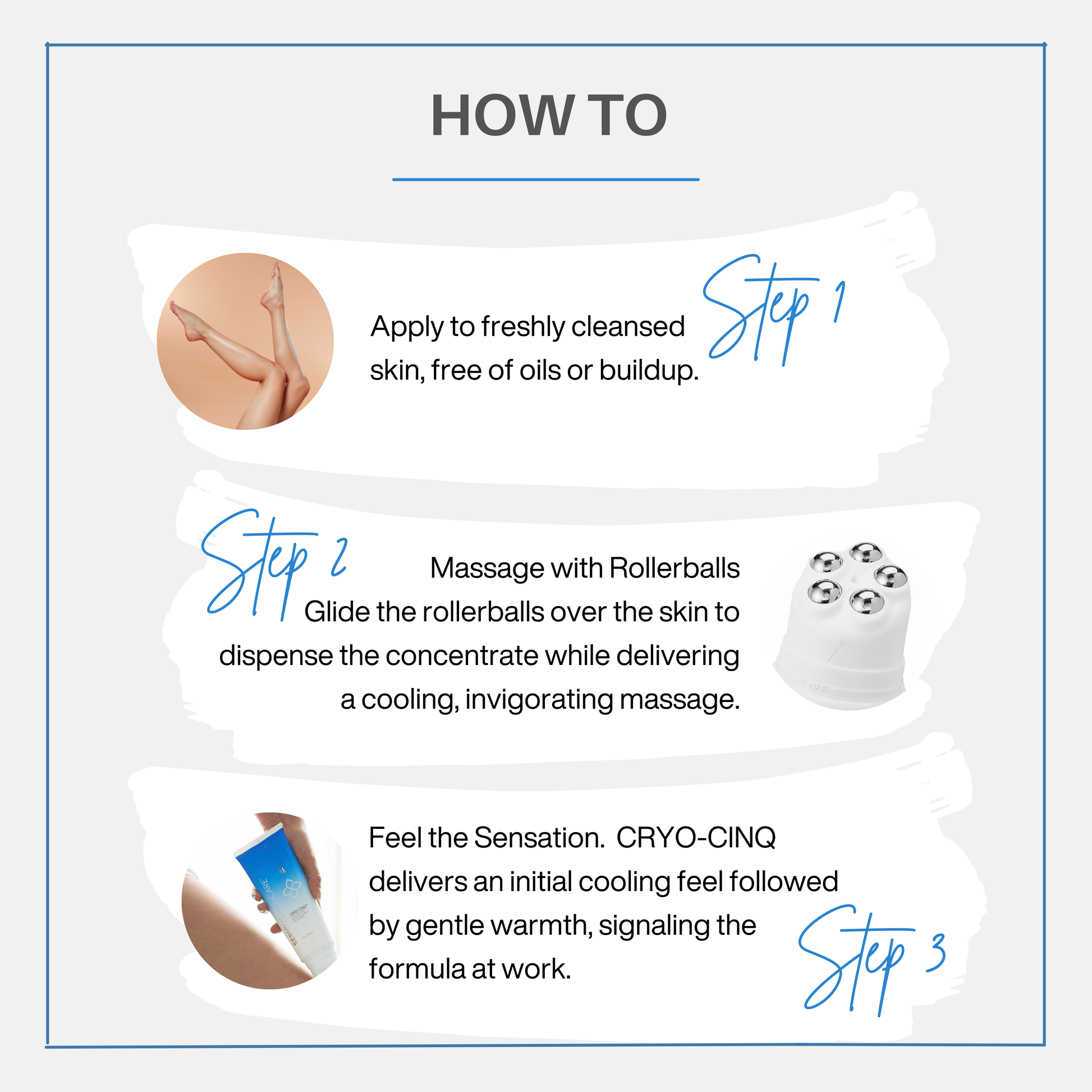 Hand holding a skincare device with text on its benefits against a white background.  Cryo Cinq Sculpting Body Beauty Treatment Concentrate.  Serious Skincare.  Cool Sculpting.  