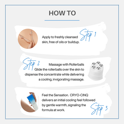Hand holding a skincare device with text on its benefits against a white background.  Cryo Cinq Sculpting Body Beauty Treatment Concentrate.  Serious Skincare.  Cool Sculpting.  