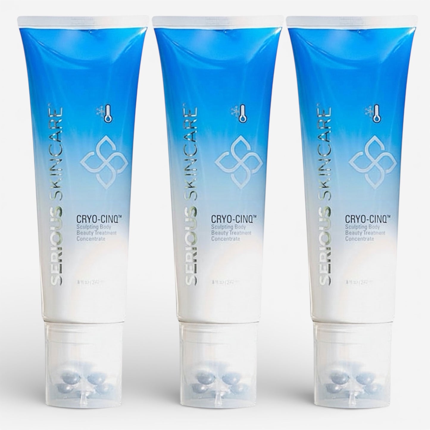 Three tubes of Serious Skincare Cryo-Cino product on a white background