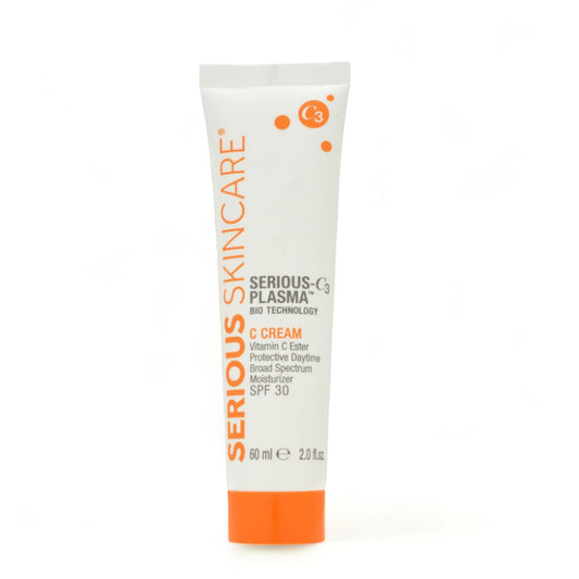 A tube of Serious Skincare C Cream with white and orange colors.  Serious Skincare C3 Daily Moisturizer with Vitamin C Esters helps hydrate, brighten, and improve the look of fine lines for firmer, more radiant-looking skin.