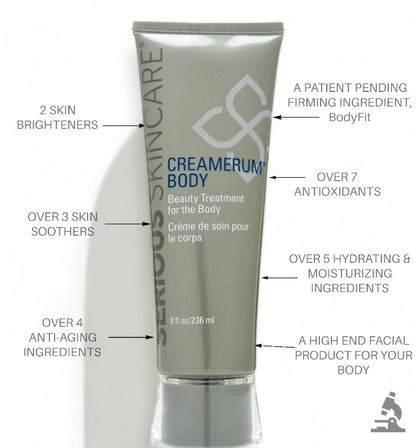 Serious Skincare Creamerum Body Treatment Cream with peptides, AHAs, ceramides and antioxidants to visibly smooth, firm and soften dry, uneven-looking skin.