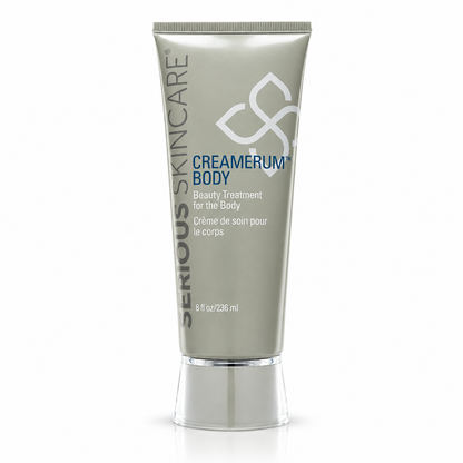 Serious Skincare Creamerum Body Treatment Cream with peptides, AHAs, ceramides and antioxidants to visibly smooth, firm and soften dry, uneven-looking skin.