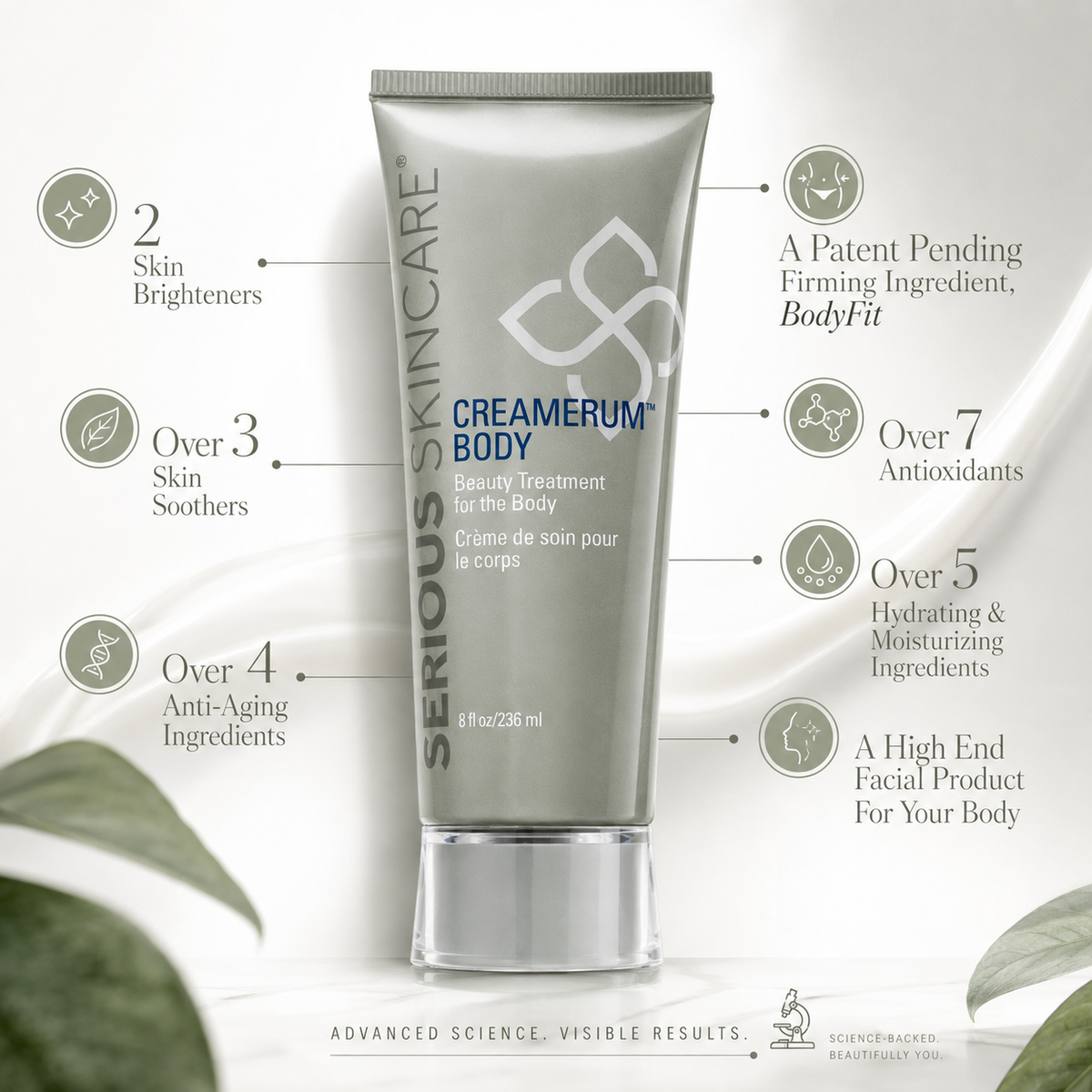 Serious Skincare Creamerum Body Treatment Cream with peptides, AHAs, ceramides and antioxidants to visibly smooth, firm and soften dry, uneven-looking skin.